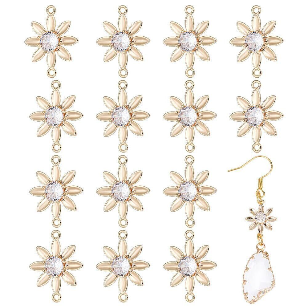 3972 16Pcs 18K Gold Plated Brass Cubic Zirconia Flower Links, Flower